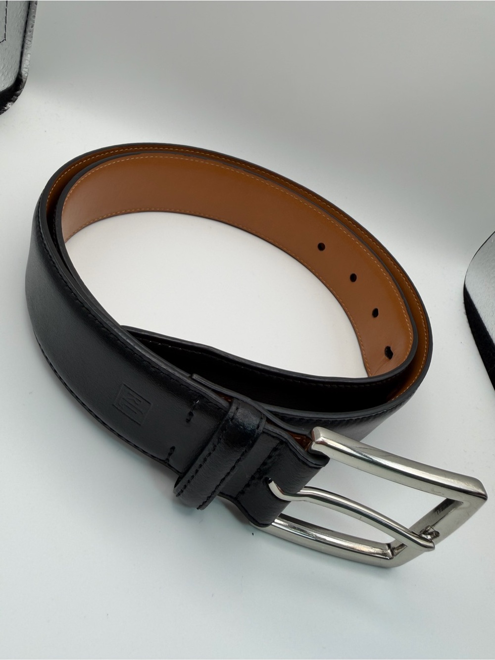 Ralph Lauren Black Leather Belt with Tan Lining and Silver Buckle
